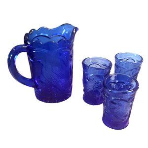 Cobalt Blue Mini Pitcher 3 Matching Glasses Embossed Peacock Design Vtg